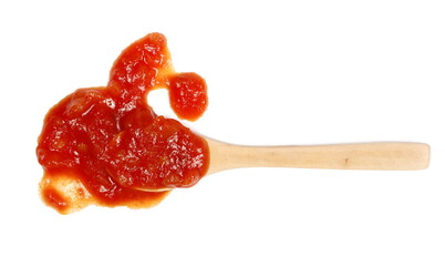 Sauce made from tomatoes, garlic, onions, carrots and basil with wooden spoon, isolated on white background top view 
