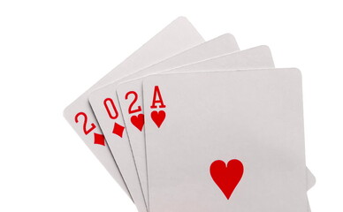 Poker playing cards happy New year 2021 red, isolated on white background with clipping path