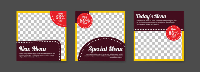 Social media post templates for digital marketing and food sales promotion. culinary advertising. Offer social media banners. vector photo frame mockup illustration