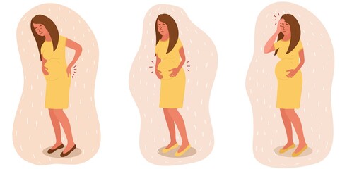 Pregnant woman feels strong pain in her back, head, belly. She holds back with one hand and the belly with the other hand. Depressed, bad feeling. Pregnancy diseases. Vector illustration