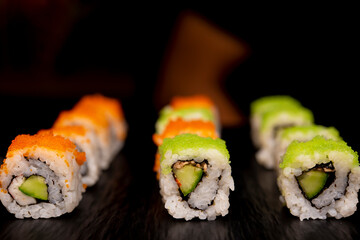 sushi set on black blur background