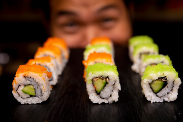 sushi set on black blur background