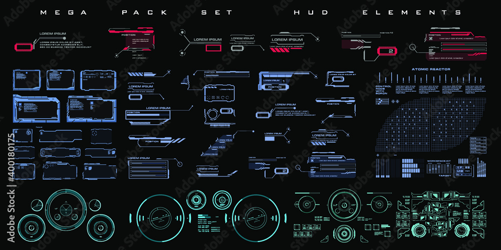Poster mega pack set hud elements in cyber style. techno frames, callouts, information blocks, robotics ele