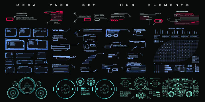 Mega Pack Set HUD Elements In Cyber Style. Techno Frames, Callouts, Information Blocks, Robotics Elements. Cyber Techno Frame For The HUD User Interface