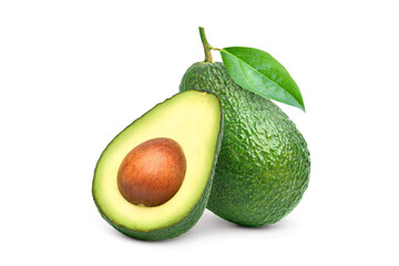 Green Avocado with cut in half and leaf isolated on white background. Clipping path.