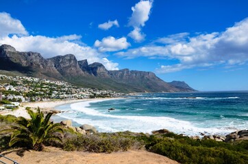 View over Cape Town to the beach, the ocean and the mountains on the coast, south Africa