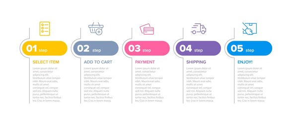 Concept of shopping process with 5 successive steps. Five colorful graphic elements. Timeline design for brochure, presentation, web site. Infographic design layout.