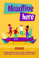 Happy friends leaping and having active fun time in park. Young girls and guys jumping on trampoline. For entertainment, leisure, funny outdoor activity, friendship concept