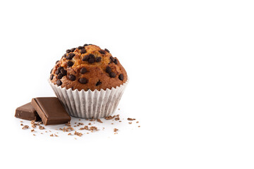 Just baked chocolate muffin isolated on white background.Copy space