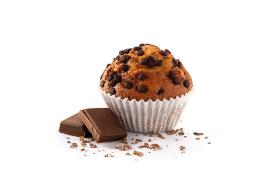 Just baked chocolate muffin isolated on white background