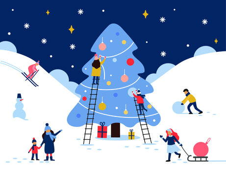 Vector illustration. Winter landscape. People decorate the Christmas tree, in the background of skiers and a man who rolls a snow ball. In the foreground is a girl and a mother with a child