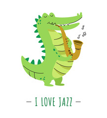 Crocodile saxophonist character isolated.