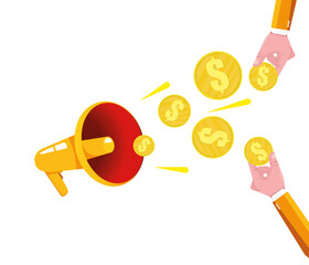 Dollars come out of the megaphone. Hands receiving dollars flying in air. Flat blue background. Flying money. Economy, finance, money pictogram. Wealth symbol. Vector illustration. Free, easy.