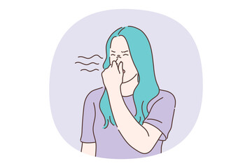 Unpleasant smell concept. Young girl teenager cartoon character covering nose with hands smelling disgusting odor from something outside vector illustration 
