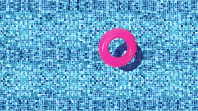 Swimming pool with blue square tiles and a bright pink inflatable toy buoy shaped like a donut. Realistic animation.