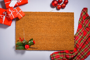 Natural doormat flat lay, mockup with Christmas decorations