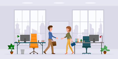 Office cartoon character male and female hands shaking in modern workplace vector illustration set. Man and woman business partners meeting, saying hello in conference room on cityscape background