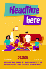 Happy parents and kids playing board game at home. Couple with two teenage children enjoying fun time in living room. For family entertainment, leisure, parenthood concept