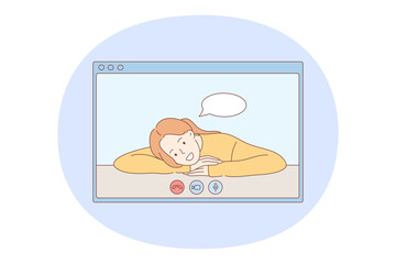 Online communication, chatting, video call concept. Laptop or tablet screen with smiling woman cartoon character face during video call or online meeting illustration 