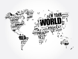 Obraz na płótnie Canvas WORLD word cloud in shape of world map, concept made with words cities names, business concept background