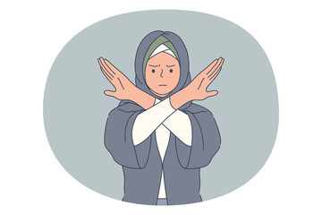 Stop, rejection, prohibition concept. Muslim angry woman in traditional clothing standing crossing hands and showing forbidding sign. Decline refuse deny illustration 