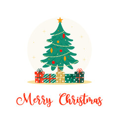 Decorated Christmas Tree and Presents, Flat Vector Illustration. Merry Christmas Greeting Card.