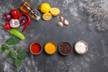 top view fresh ingredients with lemon and seasonings on dark background photo food fruit many