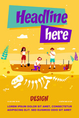 Happy archeologists digging dinosaur bones in soil layers isolated flat vector illustration. Cartoon man and women looking for fossil in ground. Archaeology, paleontology and history concept