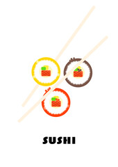 sushi sticks and three types of sushi with different fillings