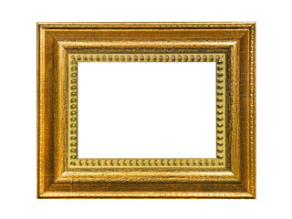 Wooden frame for paintings with gold patina. Isolated on white