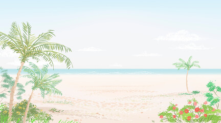 Fototapeta na wymiar Summer beach background with palm trees. Vector illustration
