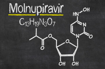 Blackboard with the chemical formula of Molnupiravir