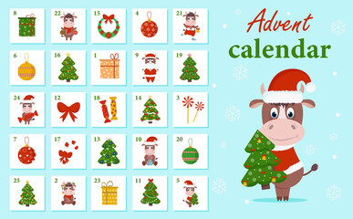 Christmas advent calendar with elements-Christmas tree, gifts, candy, bull 2021.