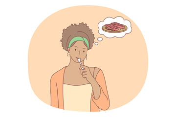 Unhealthy eating, fast and junk food, calories concept. Young positive girl cartoon character standing and dreaming of eating fast food sugar fat waffles. Overweight, snack, lifestyle, harmful eating