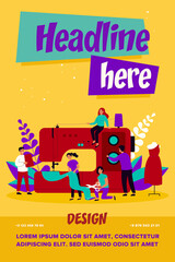 Team of tailors concept. People sewing on big machine together, cutting fabric, snipping out piece of cloth, setting thread. For fashion design, business, industry, creative atelier and craft topics