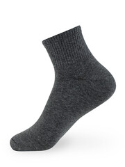 Isolated gray sock on invisible mannequin foot on white background, side view