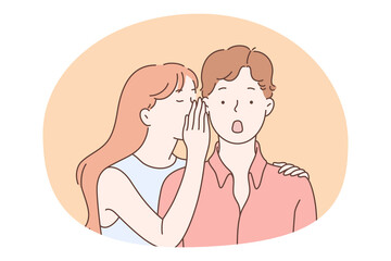 Gossip, secret, privacy concept. Teen girl cartoon character whispering secret to her surprised boy friend, covering his ear with hand vector illustration 