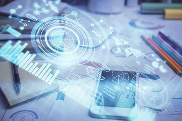 Double exposure of financial theme drawing and cell phone background. Concept of business