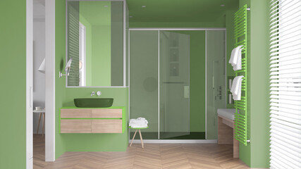 Minimalist bathroom in green tones with sink, large shower with glass cabin, heated tower rail with towels, herringbone parquet, window with venetian blinds, interior design concept