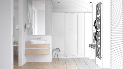 Architect interior designer concept: hand-drawn draft unfinished project that becomes real, bathroom design with sink, shower cabin, heated tower rail, parquet, window with blinds