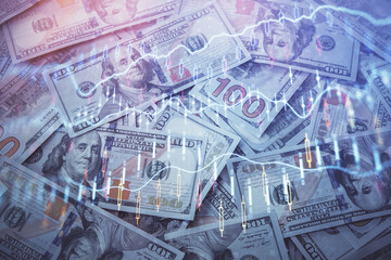 Double exposure of forex graph drawing over us dollars bill background. Concept of financial markets.