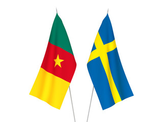 National fabric flags of Sweden and Cameroon isolated on white background. 3d rendering illustration.