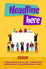 College students around blank banner. Young girls and guys in graduation caps and gowns flat vector illustration. Community, education concept for banner, website design or landing web page