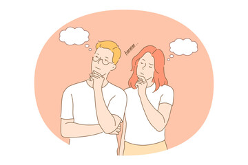 Thinking and doubt concept. Young teen couple standing, feeling frustrated and thinking together about something looking aside vector illustration. Thoughts ideas pensive people 