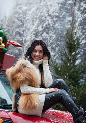 Happy woman sits on a red car with new year decoration in a snowy forest.Christmas card.