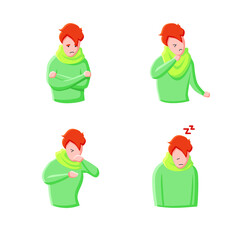 Flu disease flat icons set. Fever, cough, tiredness and throat pain. Covid19, flu, cold symptoms concept. Health problems. Health care. Color vector illustrations