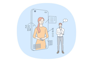 Online communication, business ideas, planning concept. Young smiling business woman helping her boss to organise business tasks from smartphone screen. Success, technology, distant work