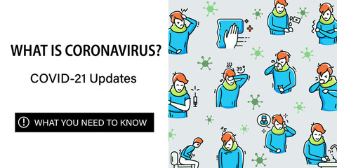Coronavirus web banner.Covid19 symptoms. What is coronavirus,what you need to know. Healthcare landing,web page layout template. Covid21 updates color icons set. Linear vector illustrations collection