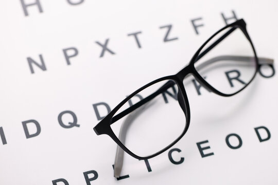 Glasses for vision in black frames lying on test chart closeup
