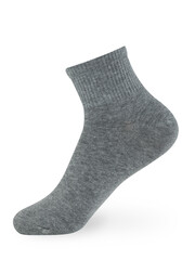 Isolated gray sock on invisible mannequin foot on white background, side view